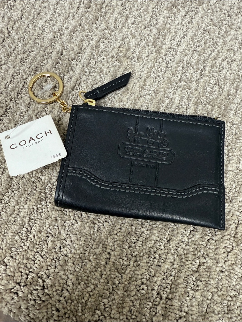 Vintage Coach Bleeker Tattersall Stripe Black Leather Zip Card Keyring Case